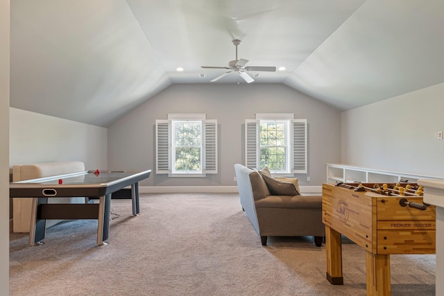 2111 Lovelace Ln, Murfreesboro, TN 37130 - rec room featuring carpet flooring, lofted ceiling, ceiling fan, and baseboards