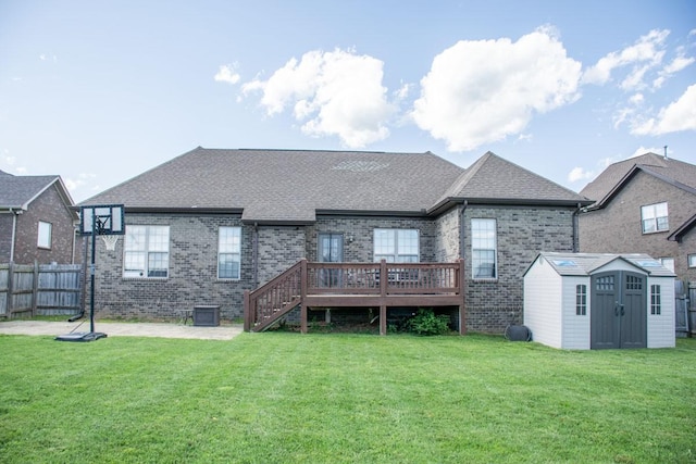 112 Read Tavern Rd, Hendersonville, TN 37075 - back of house with a wooden deck, brick siding, roof with shingles, a patio area, and cooling unit