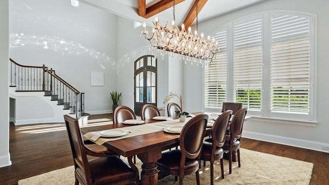 4740 Edwardian Trce, Franklin, TN 37067 - dining space with baseboards, plenty of natural light, wood finished floors, beamed ceiling, and a towering ceiling