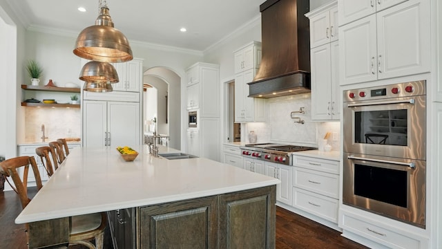 4740 Edwardian Trce, Franklin, TN 37067 - kitchen with appliances with stainless steel finishes, custom range hood, a sink, recessed lighting, and ornamental molding