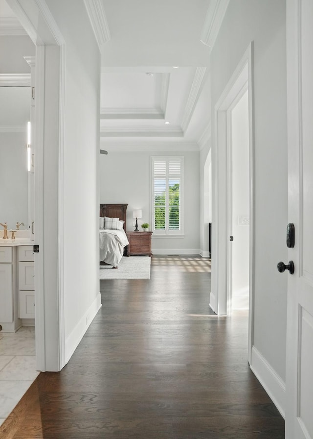4740 Edwardian Trce, Franklin, TN 37067 - hallway featuring ornamental molding, wood finished floors, and baseboards