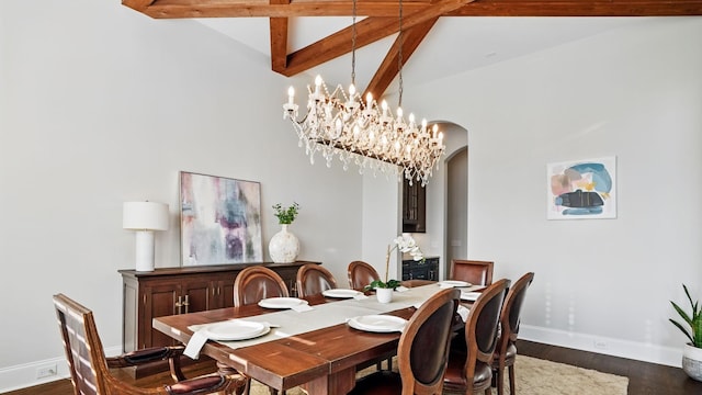 4740 Edwardian Trce, Franklin, TN 37067 - dining space featuring arched walkways, beam ceiling, high vaulted ceiling, baseboards, and dark wood-style floors