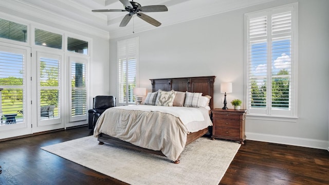 4740 Edwardian Trce, Franklin, TN 37067 - bedroom featuring ornamental molding, access to exterior, wood finished floors, baseboards, and a ceiling fan