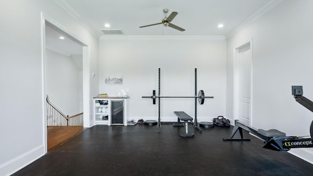 4740 Edwardian Trce, Franklin, TN 37067 - exercise area with ceiling fan, crown molding, recessed lighting, baseboards, and wine cooler
