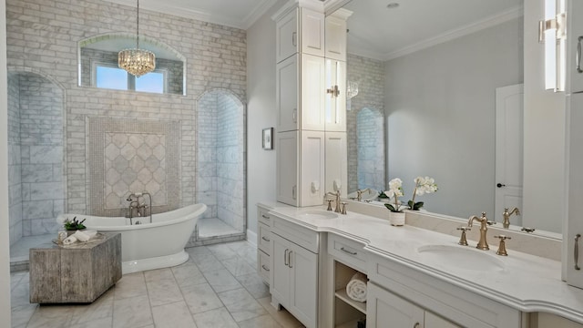 4740 Edwardian Trce, Franklin, TN 37067 - full bath featuring a chandelier, a freestanding bath, marble finish floors, ornamental molding, and double vanity