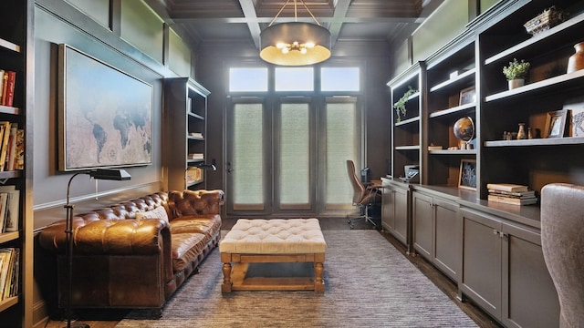 4740 Edwardian Trce, Franklin, TN 37067 - office featuring built in shelves, dark wood finished floors, coffered ceiling, beam ceiling, and ornamental molding