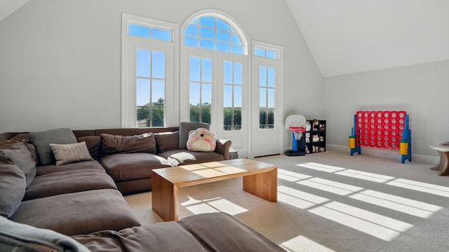 4740 Edwardian Trce, Franklin, TN 37067 - living room featuring high vaulted ceiling, light colored carpet, and baseboards