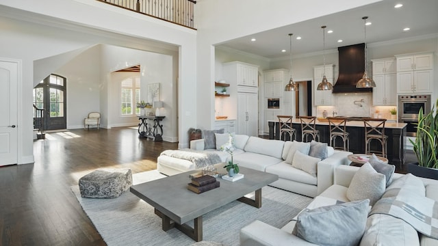 4740 Edwardian Trce, Franklin, TN 37067 - living room with ornamental molding, recessed lighting, dark wood-type flooring, a high ceiling, and baseboards