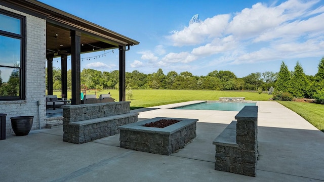 4740 Edwardian Trce, Franklin, TN 37067 - view of patio featuring a ceiling fan, an outdoor pool, and an outdoor living space with a fire pit