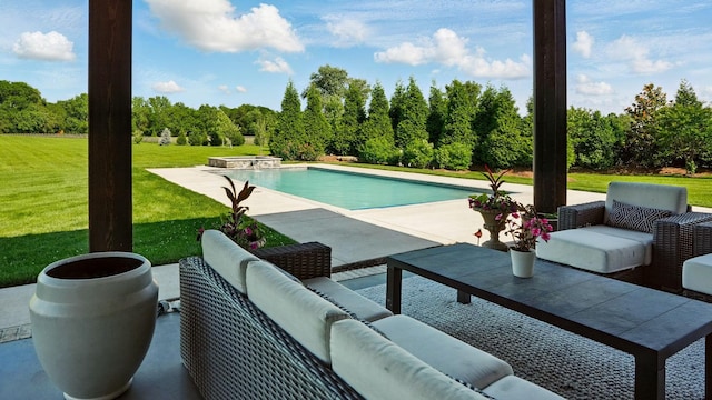 4740 Edwardian Trce, Franklin, TN 37067 - outdoor pool featuring an outdoor hangout area, a patio, a lawn, and view of wooded area