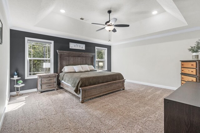 1013 Brightwood Ct, Clarksville, TN 37043 - carpeted bedroom with a tray ceiling, multiple windows, baseboards, ornamental molding, and recessed lighting