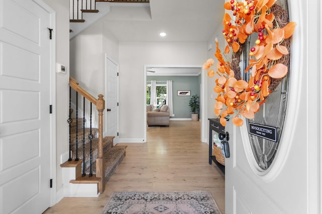 1013 Brightwood Ct, Clarksville, TN 37043 - entryway featuring stairway, light wood-style floors, recessed lighting, and baseboards