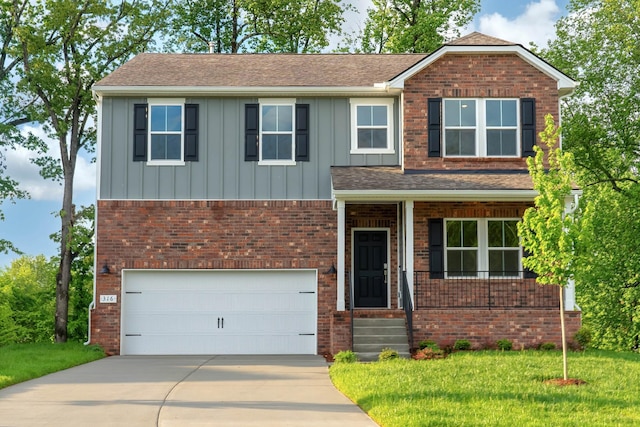 316 Deacon Ln, White House, TN 37188 - view of front facade featuring an attached garage, board and batten siding, a porch, concrete driveway, and brick siding