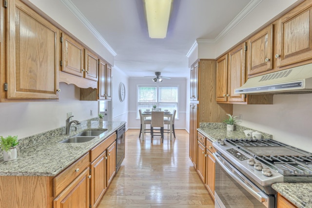 2519 Regency Park Dr, Murfreesboro, TN 37129 - kitchen featuring stainless steel range with gas stovetop, ventilation hood, a sink, dishwashing machine, and a ceiling fan