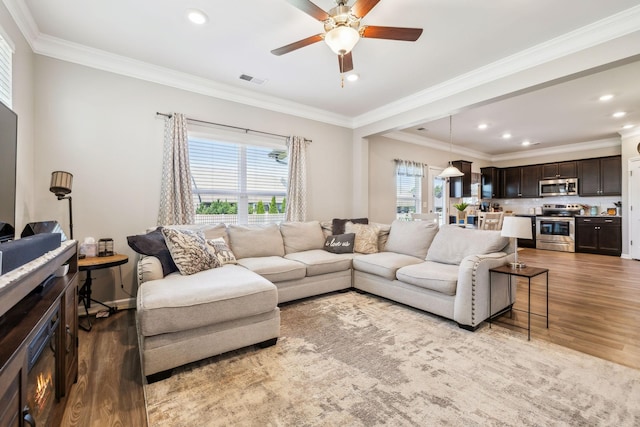 319 Petunia Dr, Smyrna, TN 37167 - living area with light wood finished floors, ceiling fan, recessed lighting, and crown molding