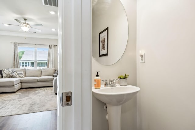 319 Petunia Dr, Smyrna, TN 37167 - bathroom featuring a ceiling fan, ornamental molding, wood finished floors, and recessed lighting