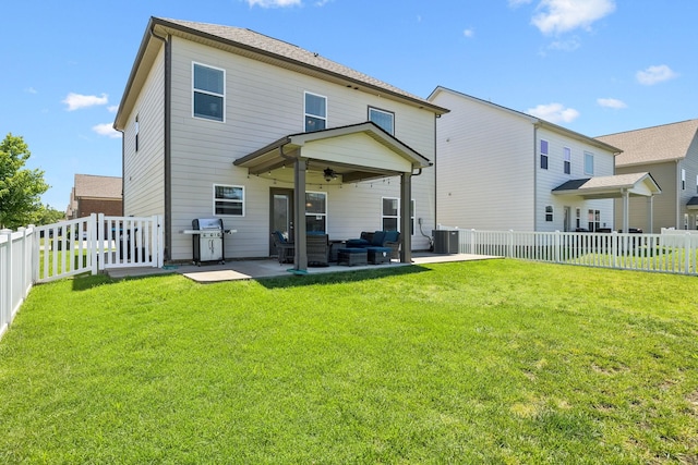 319 Petunia Dr, Smyrna, TN 37167 - back of property featuring ceiling fan, central AC unit, a patio, and outdoor lounge area