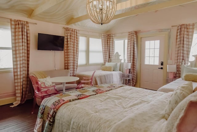 587 Lakes Rd, Tracy City, TN 37387 - bedroom featuring a chandelier, wood-type flooring, vaulted ceiling, and baseboards
