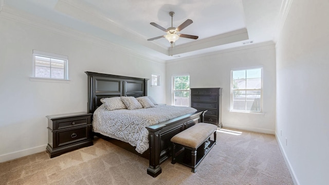 4421 Janefield Way, Nolensville, TN 37135 - bedroom featuring ornamental molding, a tray ceiling, light carpet, baseboards, and ceiling fan