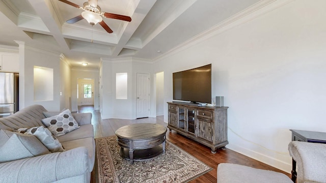 4421 Janefield Way, Nolensville, TN 37135 - living room with crown molding, a ceiling fan, baseboards, coffered ceiling, and beam ceiling