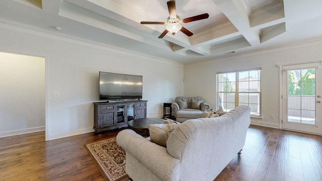 4421 Janefield Way, Nolensville, TN 37135 - living area with crown molding, a ceiling fan, coffered ceiling, dark wood-style flooring, and beam ceiling