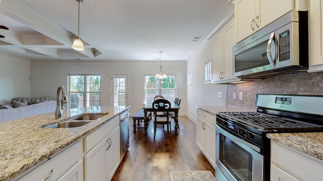4421 Janefield Way, Nolensville, TN 37135 - kitchen featuring stainless steel appliances, a sink, dark wood-style flooring, open floor plan, and crown molding