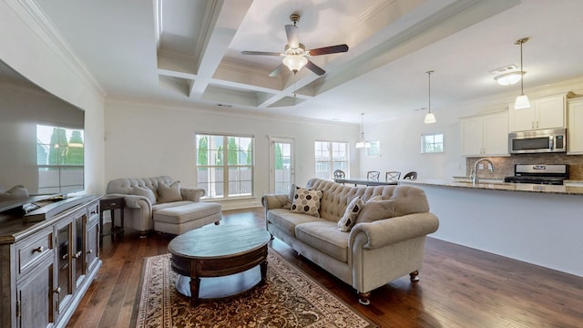 4421 Janefield Way, Nolensville, TN 37135 - living room with dark wood-style floors, beamed ceiling, ceiling fan, crown molding, and coffered ceiling