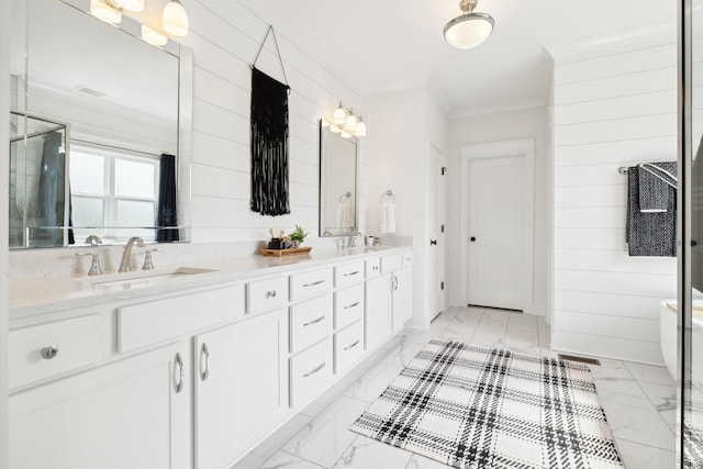 11769 Milton St, Milton, TN 37118 - full bathroom featuring marble look tiles, double vanity, ornamental molding, an enclosed shower, and wooden walls