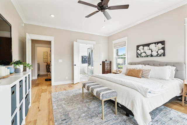 11769 Milton St, Milton, TN 37118 - bedroom with crown molding, light wood-type flooring, baseboards, ceiling fan, and connected bathroom