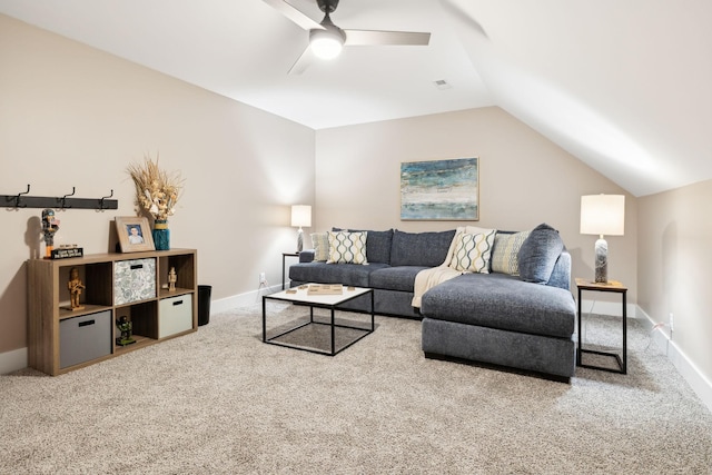 11769 Milton St, Milton, TN 37118 - living area with carpet, lofted ceiling, ceiling fan, and baseboards