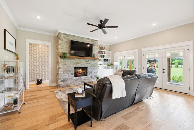 11769 Milton St, Milton, TN 37118 - living area with a ceiling fan, light wood finished floors, crown molding, a fireplace, and baseboards