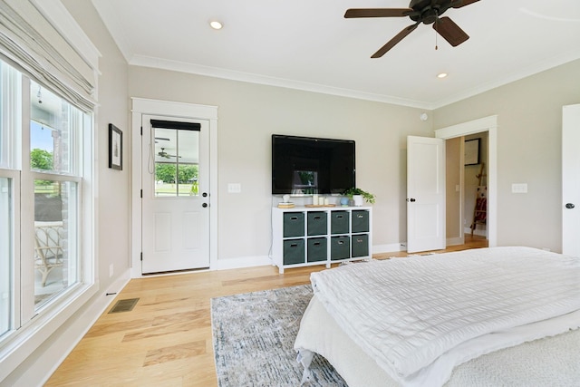 11769 Milton St, Milton, TN 37118 - bedroom with light wood-style flooring, ornamental molding, baseboards, recessed lighting, and ceiling fan