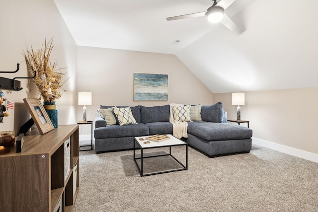 11769 Milton St, Milton, TN 37118 - living area featuring light colored carpet, a ceiling fan, lofted ceiling, and baseboards