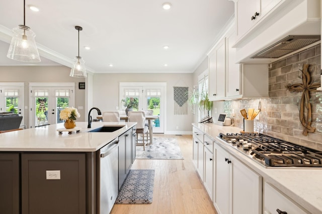 11769 Milton St, Milton, TN 37118 - kitchen featuring under cabinet range hood, stainless steel appliances, a sink, french doors, and light wood finished floors