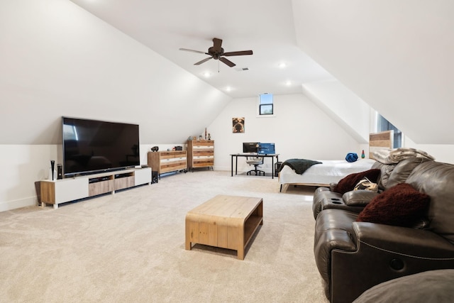 11769 Milton St, Milton, TN 37118 - carpeted living room with lofted ceiling, a ceiling fan, and baseboards