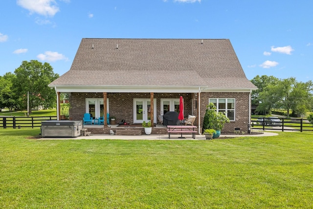 11769 Milton St, Milton, TN 37118 - back of house with french doors, a patio area, brick siding, a hot tub, and a shingled roof