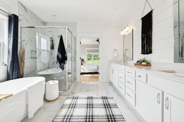 11769 Milton St, Milton, TN 37118 - ensuite bathroom featuring marble tiled floors, double vanity, a freestanding bath, and a shower stall