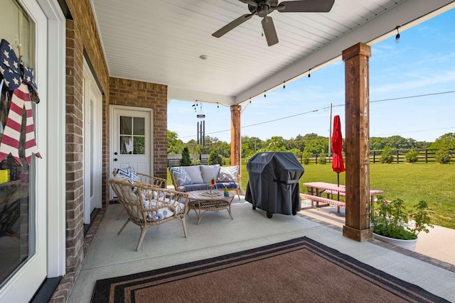 11769 Milton St, Milton, TN 37118 - view of patio featuring an outdoor living space, a grill, and ceiling fan