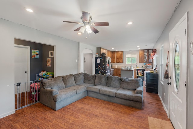287 Rack Clayton Rd, Hohenwald, TN 38462 - living area featuring ceiling fan, wood finished floors, recessed lighting, and arched walkways
