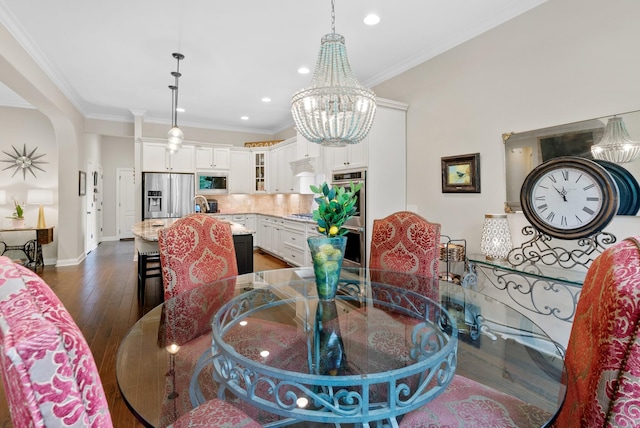 410 Pastoral Way, Nolensville, TN 37135 - dining room featuring dark wood-style flooring, crown molding, recessed lighting, baseboards, and a chandelier