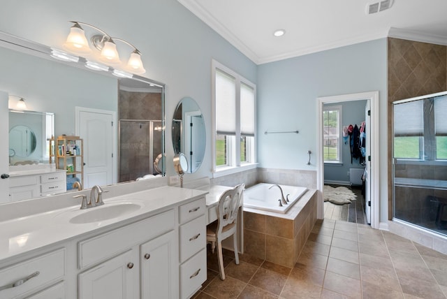 410 Pastoral Way, Nolensville, TN 37135 - bathroom featuring crown molding, a shower stall, tile patterned flooring, a bath, and vanity