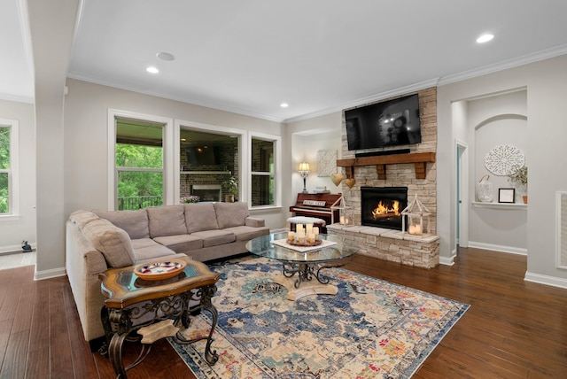 410 Pastoral Way, Nolensville, TN 37135 - living room with a stone fireplace, ornamental molding, baseboards, wood finished floors, and recessed lighting
