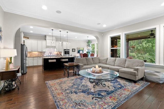 410 Pastoral Way, Nolensville, TN 37135 - living room featuring arched walkways, dark wood finished floors, ornamental molding, and recessed lighting