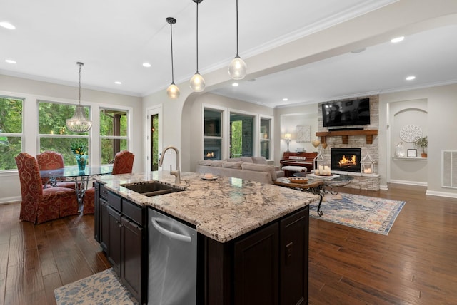 410 Pastoral Way, Nolensville, TN 37135 - kitchen with a sink, a fireplace, stainless steel dishwasher, dark wood finished floors, and light stone countertops