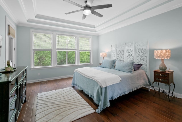 410 Pastoral Way, Nolensville, TN 37135 - bedroom with a tray ceiling, ornamental molding, baseboards, dark wood-style floors, and ceiling fan