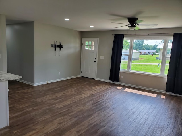 910 Hassell Dr, Waynesboro, TN 38485 - foyer entrance featuring a ceiling fan, baseboards, dark wood-type flooring, and recessed lighting