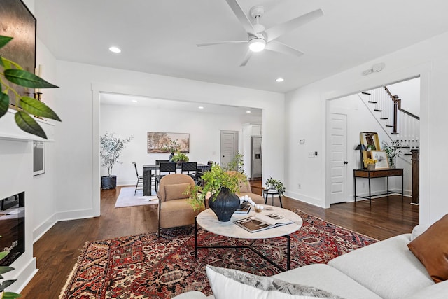1105 Sunnymeade Dr, Nashville, TN 37216 - living area featuring wood finished floors, stairs, ceiling fan, baseboards, and recessed lighting