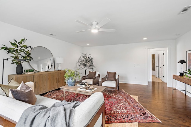 1105 Sunnymeade Dr, Nashville, TN 37216 - living room featuring wood finished floors, a ceiling fan, recessed lighting, and baseboards