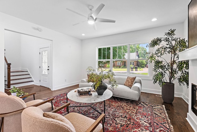 1105 Sunnymeade Dr, Nashville, TN 37216 - living room featuring stairway, recessed lighting, baseboards, a ceiling fan, and dark wood-style floors