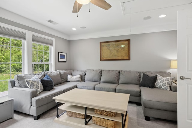 1018 Buddleia Ln, Franklin, TN 37067 - living area featuring attic access, a ceiling fan, and light colored carpet